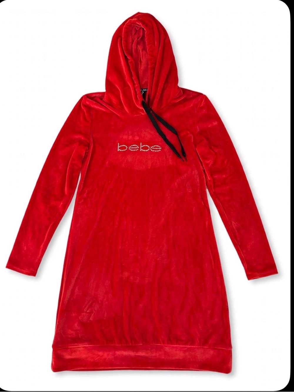 Bebe Red Velour Hooded Dress Mini Y2K Rhinestone Logo Long Sleeve